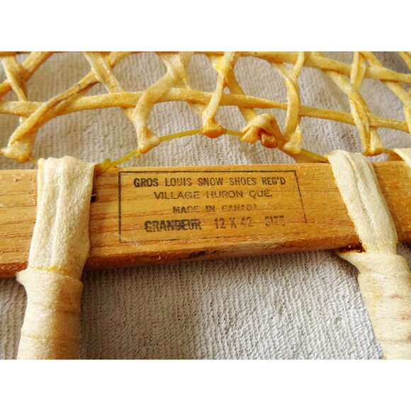 Vintage Traditional Snowshoes Quebec Canada Wood and Rawhide 12 x 42 Gros Louis - Picture 3 of 5